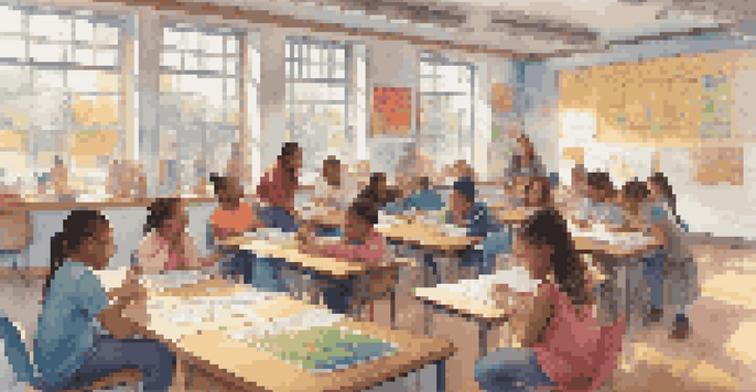 A colorful classroom with diverse students working together on math activities, surrounded by educational posters and natural light.