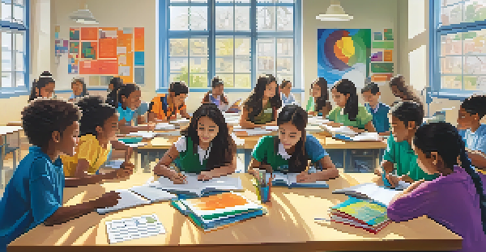 A classroom filled with diverse students collaborating on a project, with bright educational materials and natural light.