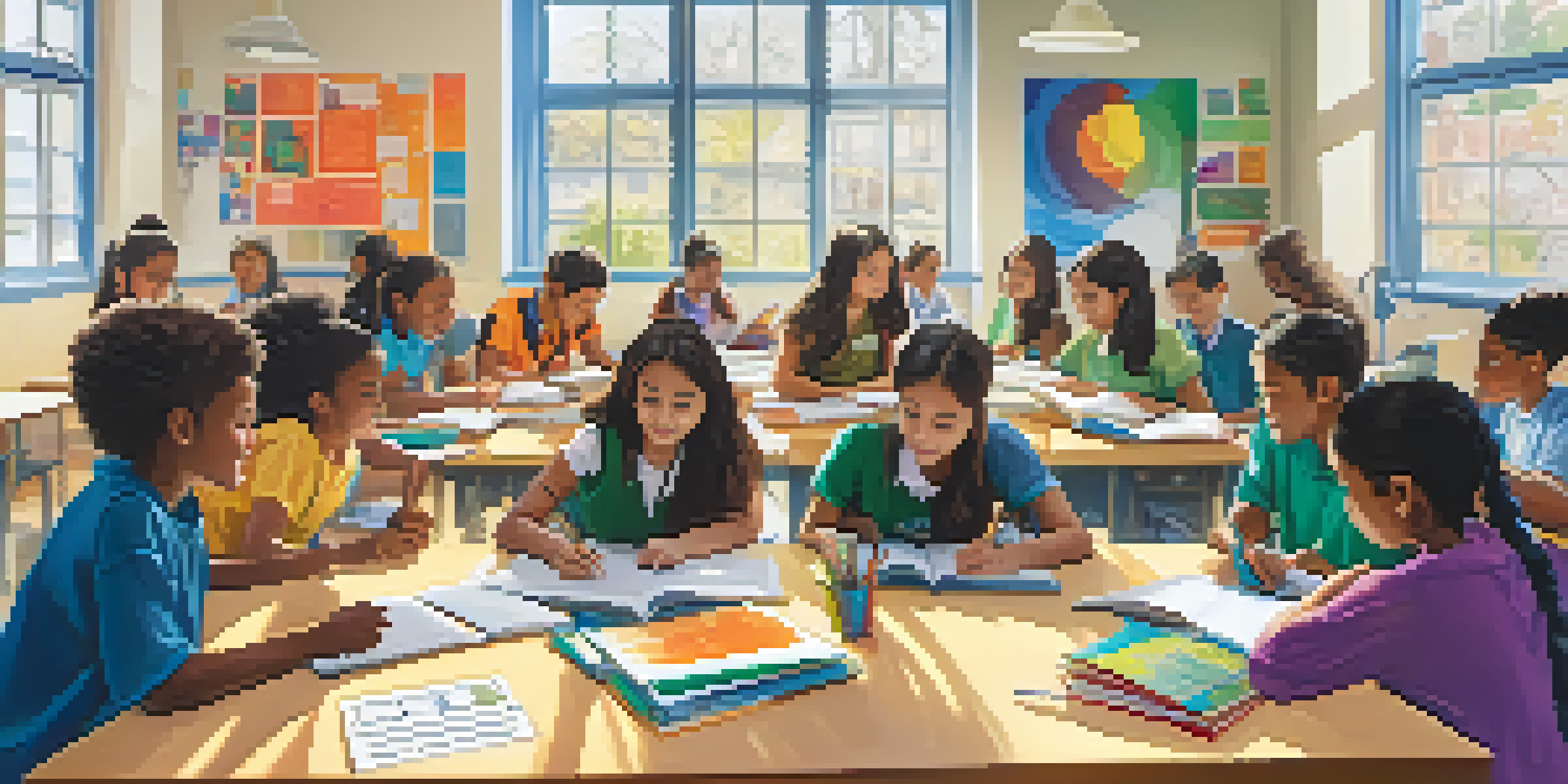 A classroom filled with diverse students collaborating on a project, with bright educational materials and natural light.