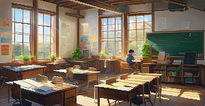 A warm and inviting classroom that blends traditional and modern learning environments, with students interacting with technology and each other.