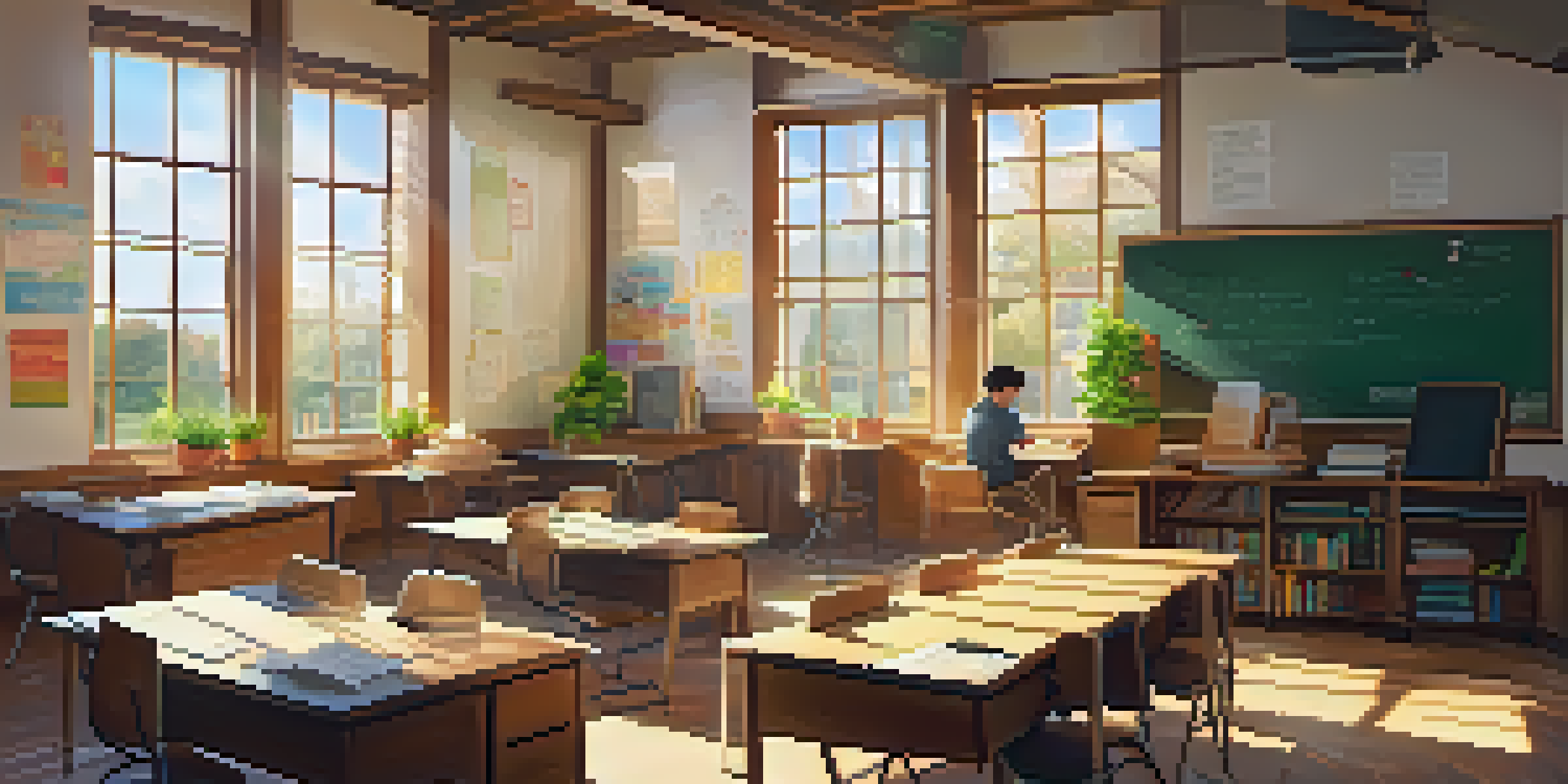 A warm and inviting classroom that blends traditional and modern learning environments, with students interacting with technology and each other.