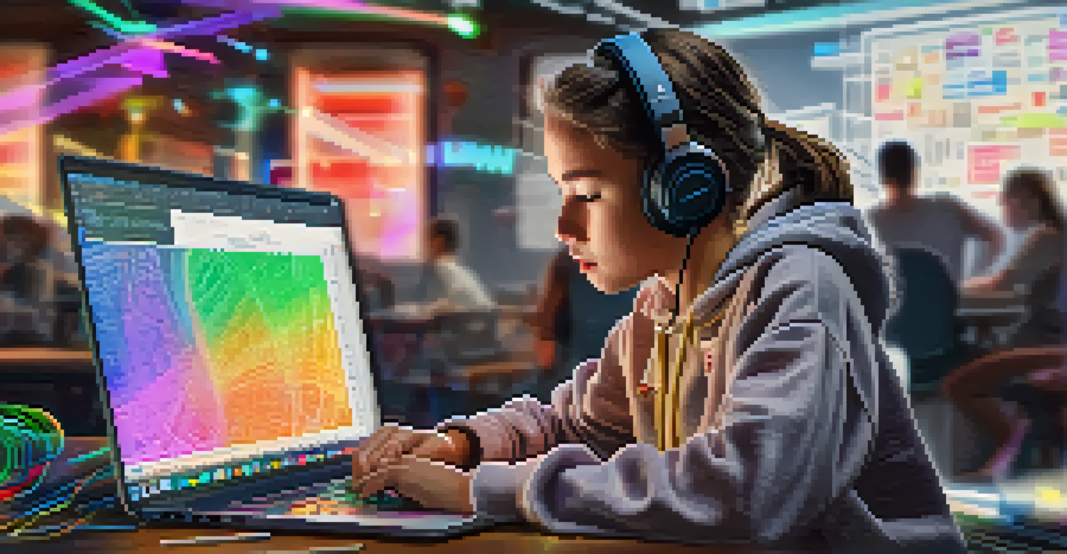 A young girl coding on a laptop, surrounded by coding books and notes, with a focused expression.