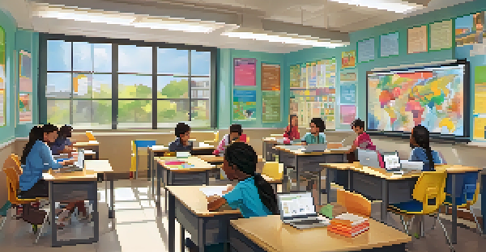 A vibrant classroom with students using laptops and a teacher at a whiteboard, showcasing blended learning.