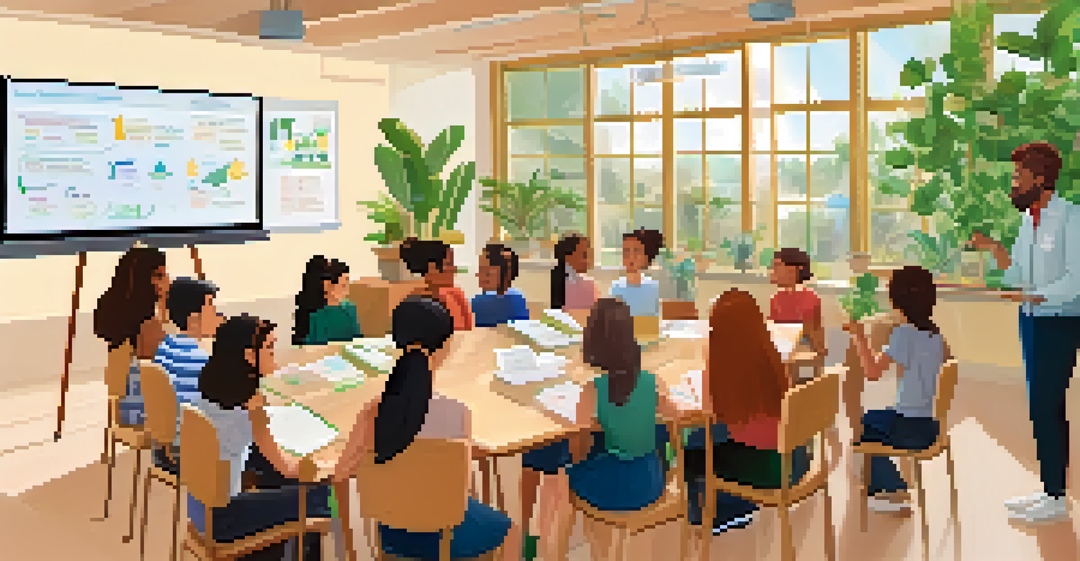A teacher conducting a workshop in a classroom, with a projector displaying information, while educators take notes and participate.