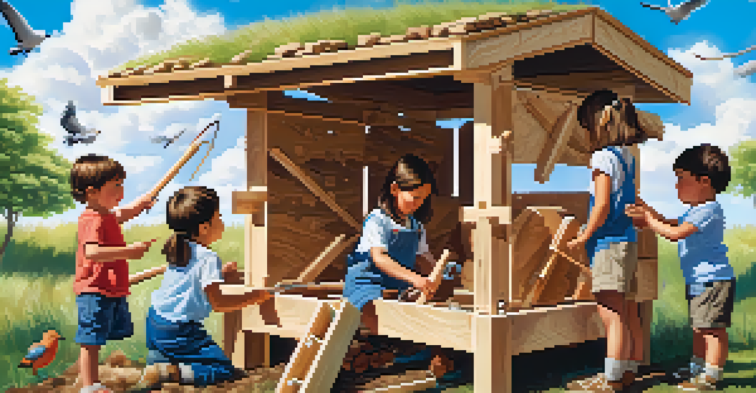 Children collaborating to build a wooden shelter in a sunny park, demonstrating teamwork and cooperation.