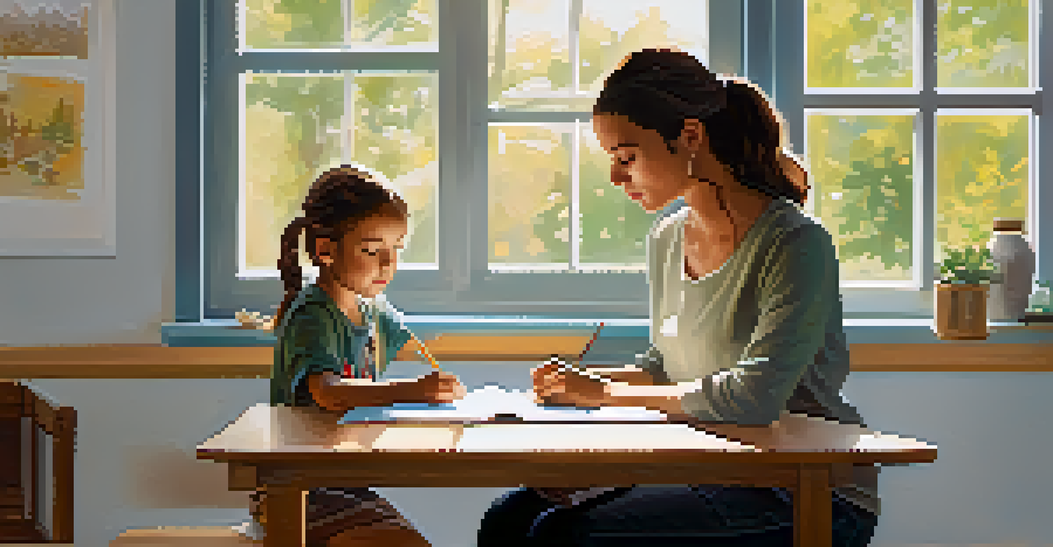 A parent and child practicing mindfulness together during homework, with natural light streaming into the room.