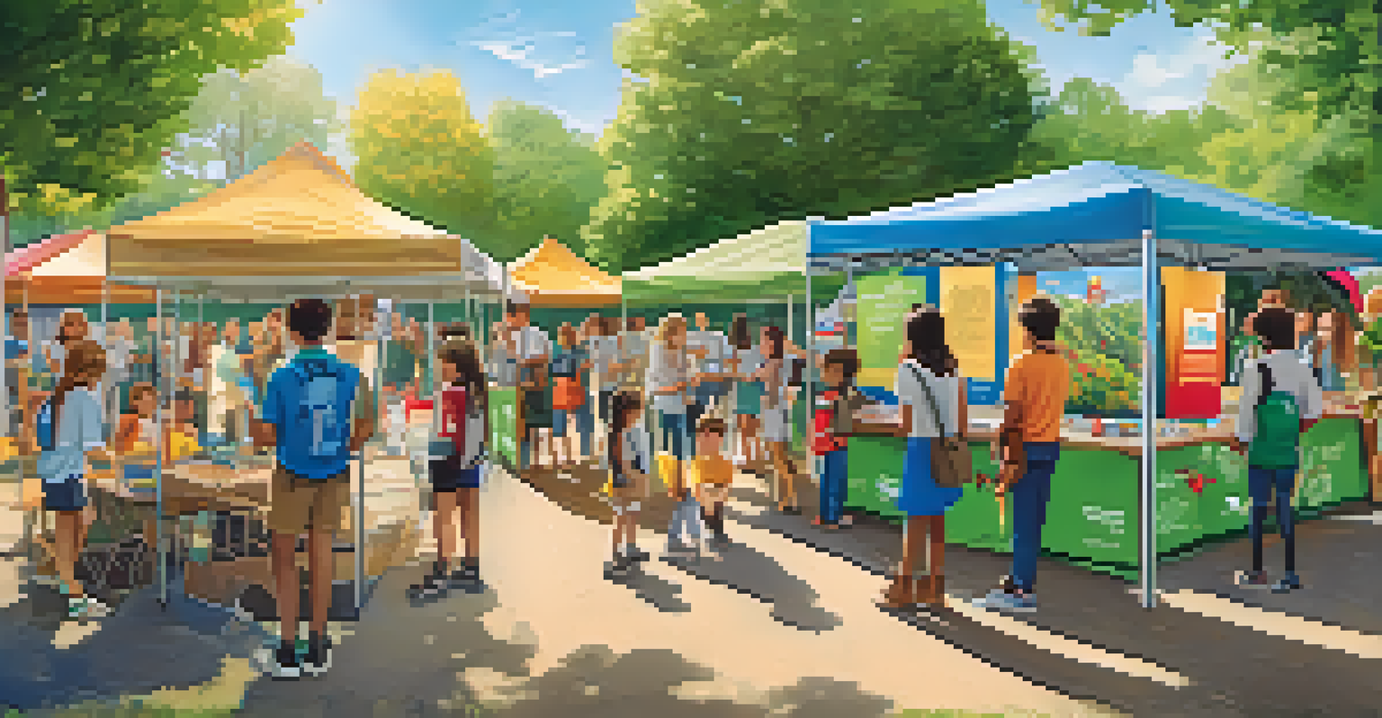 Students participating in an outdoor workshop on sustainability at a school fair, with informational booths and sunny weather.