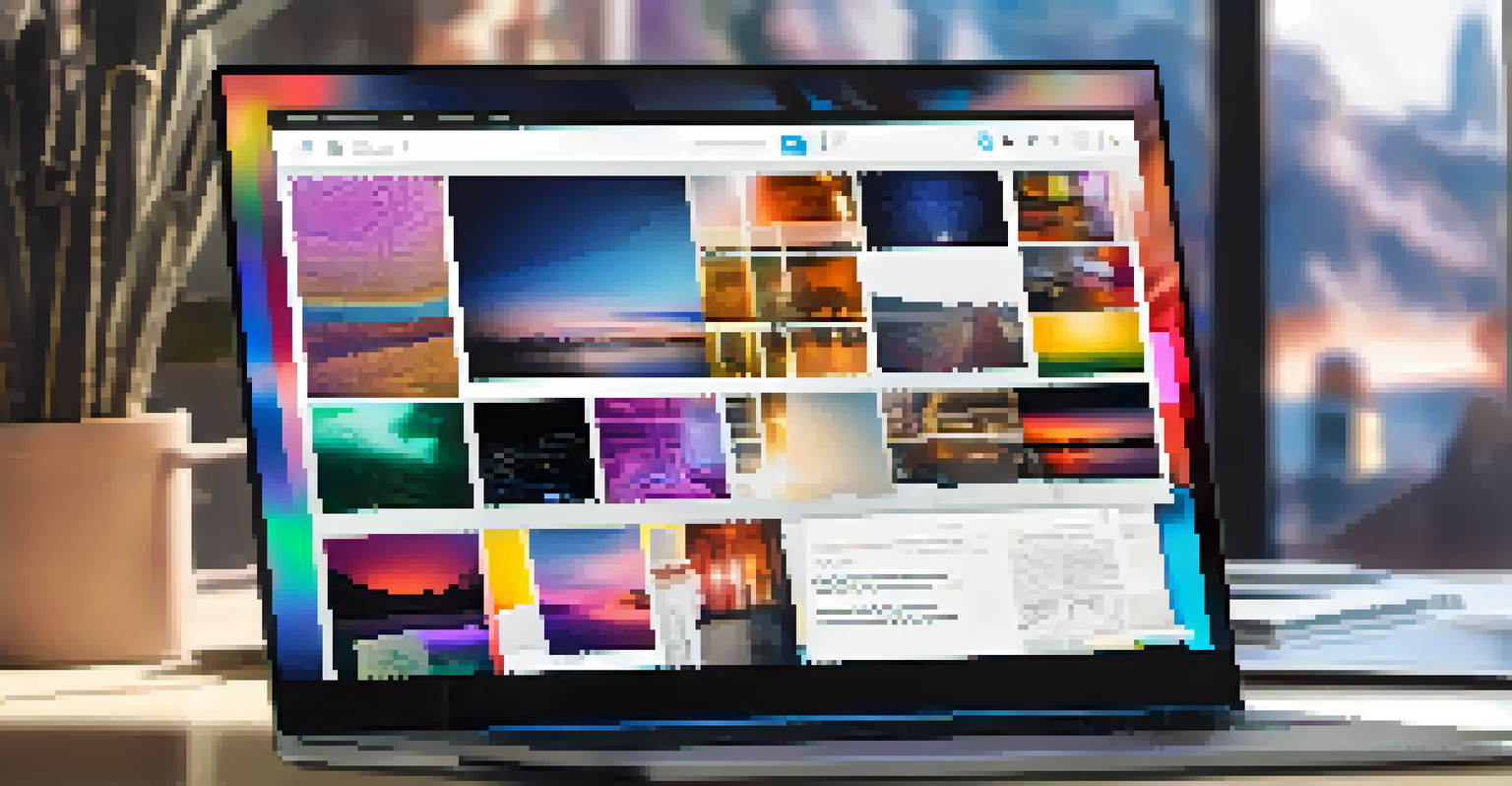 Close-up of a vibrant digital portfolio on a laptop screen, featuring images, videos, and reflections, with a blurred background.