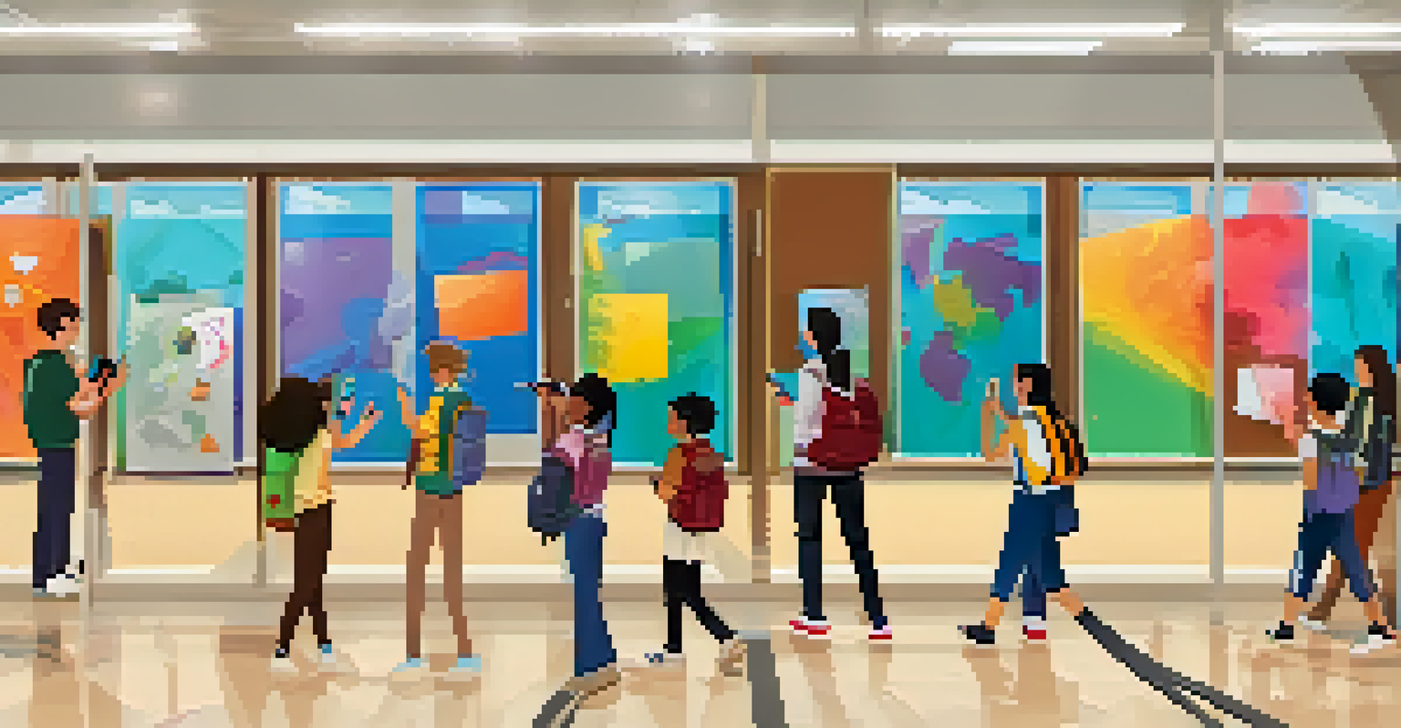 Students engaged in an augmented reality scavenger hunt in a colorful school hallway, using smartphones to find hidden clues while surrounded by student artwork.
