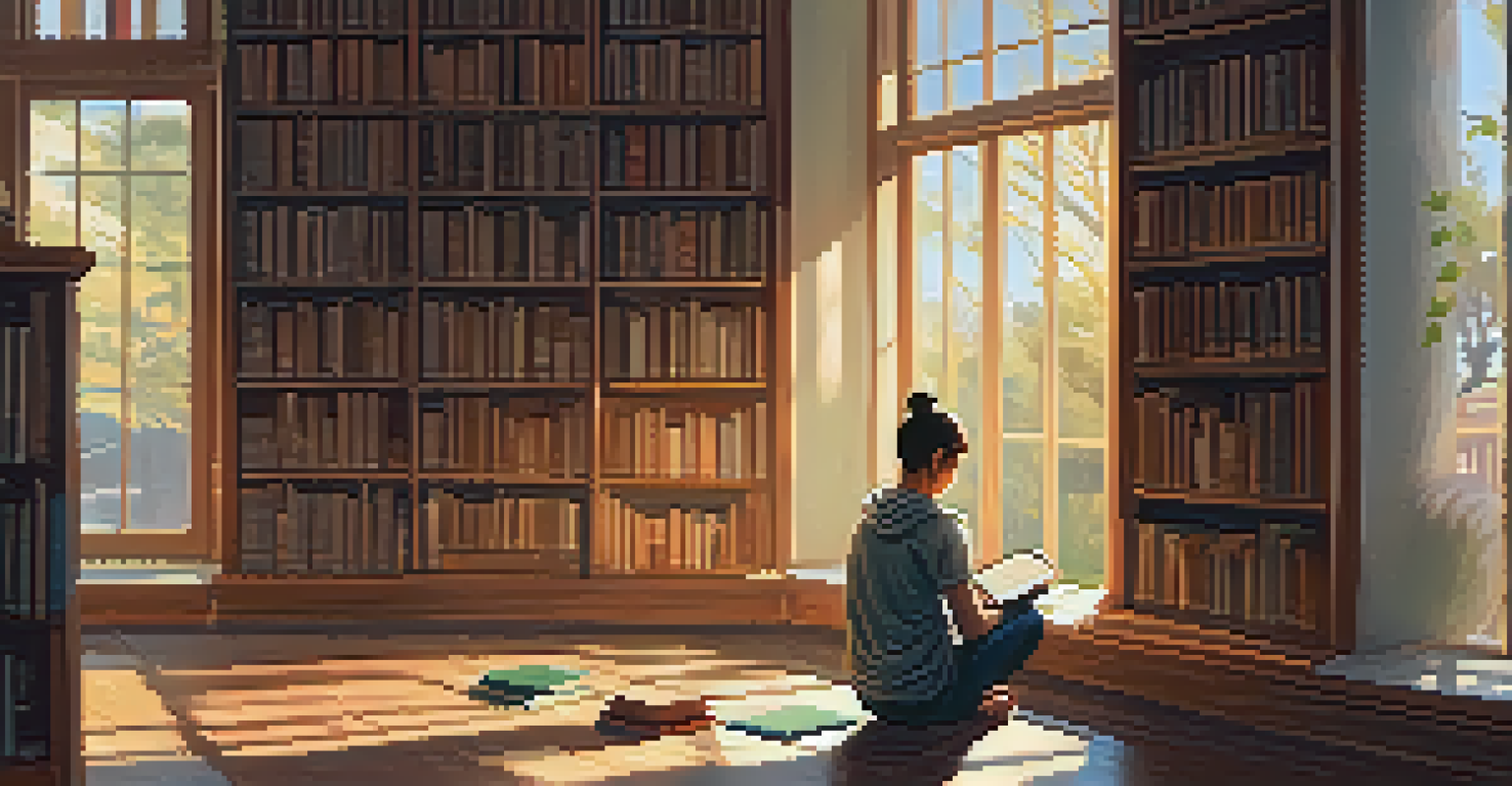 A student sitting cross-legged in a library corner, practicing mindfulness with books around them and sunlight streaming in.