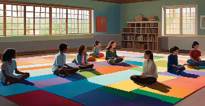A diverse classroom with students practicing mindfulness exercises led by a teacher, illuminated by soft natural light.