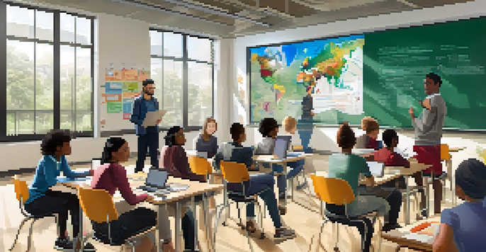 A vibrant classroom with diverse students working together on laptops and tablets, with a teacher facilitating discussions.