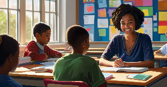 A teacher in a classroom during a crisis, engaged in a video call with sunlight streaming through the windows, surrounded by student artwork.