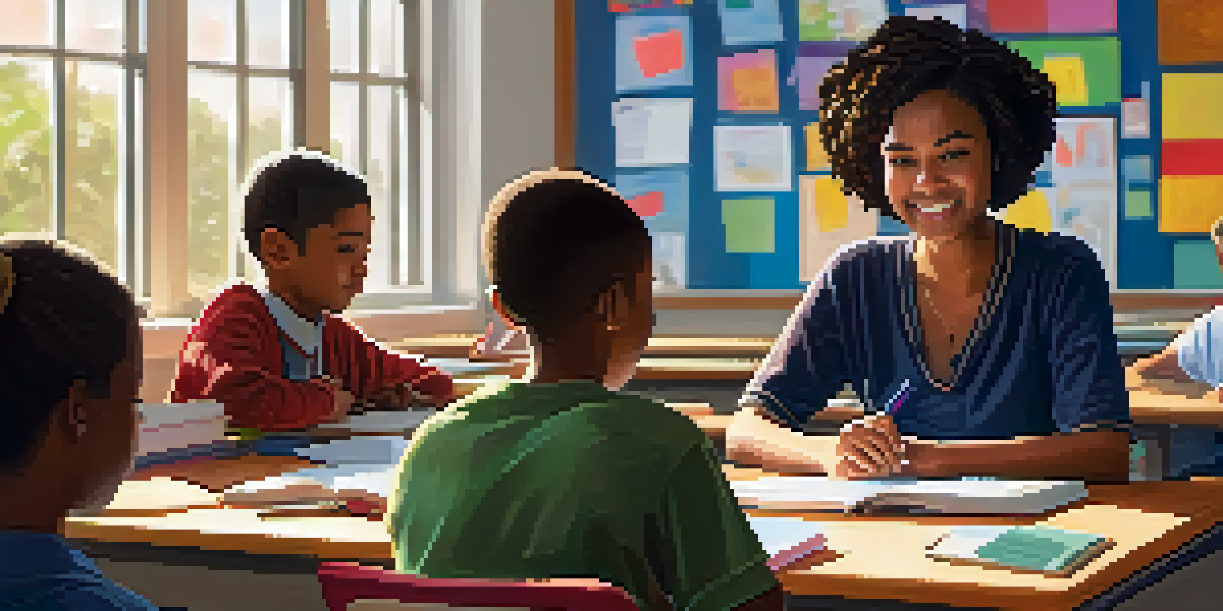 A teacher in a classroom during a crisis, engaged in a video call with sunlight streaming through the windows, surrounded by student artwork.