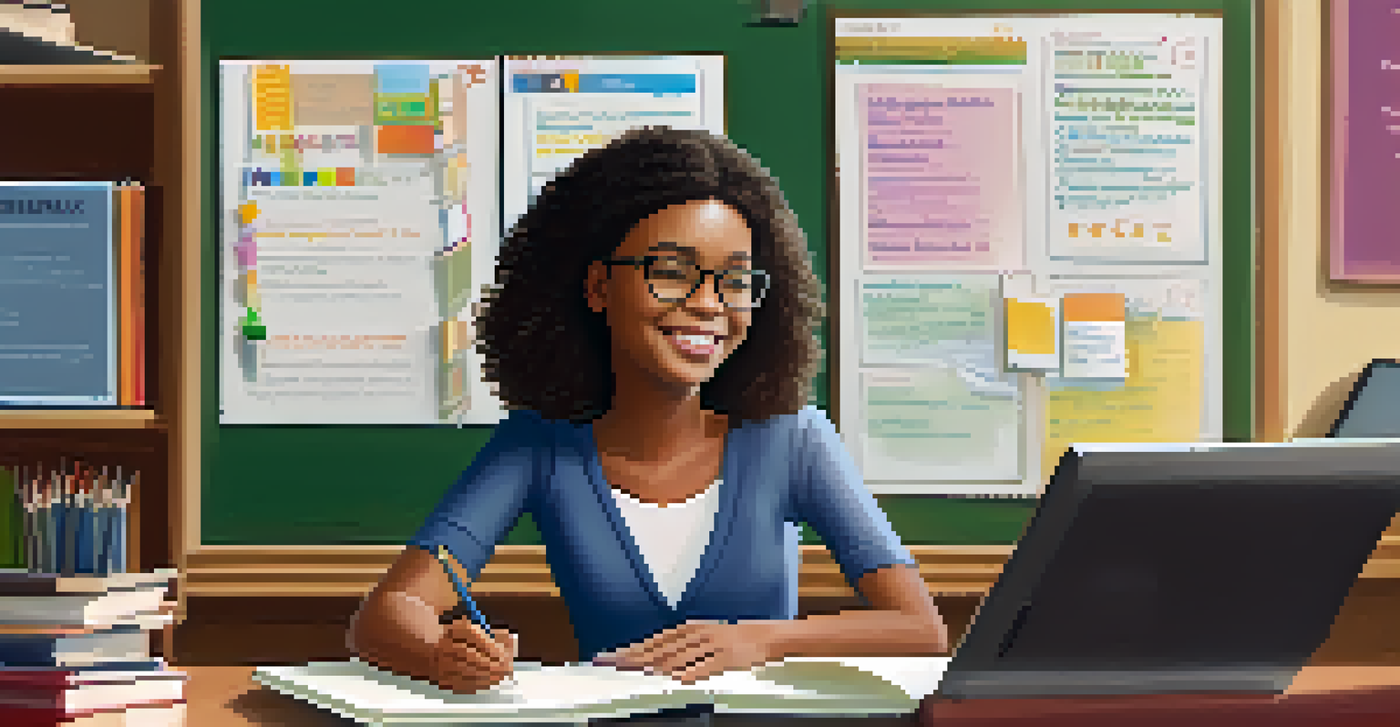 A teacher and student having a focused discussion, with educational materials and a supportive classroom background.