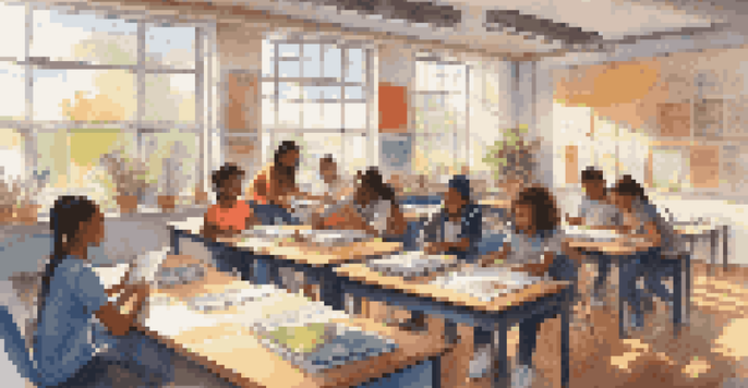 A diverse group of students working together on a project in a bright classroom, surrounded by technology and learning materials.
