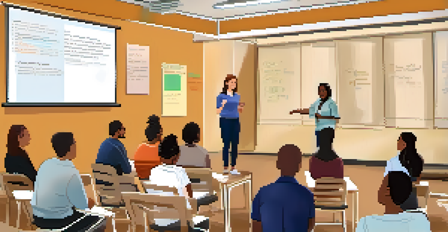 An educator conducting a workshop on inclusive teaching strategies with attentive teachers in a well-resourced classroom.