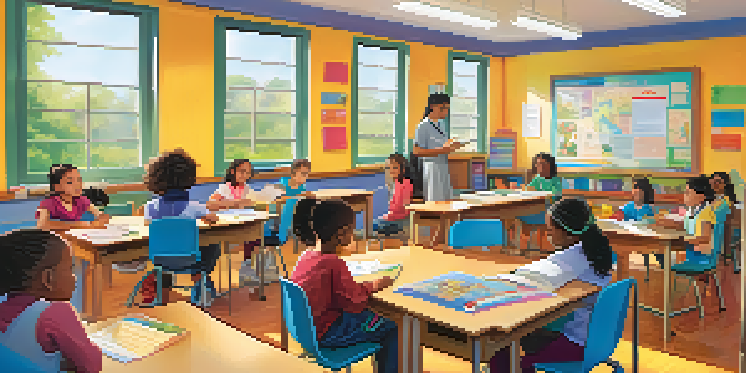 A lively classroom with diverse students using different learning tools, engaging in discussions with a teacher.