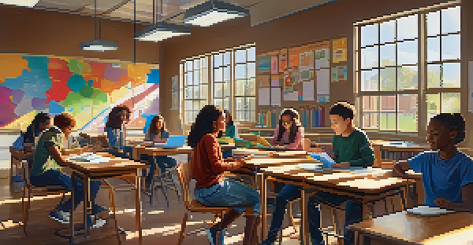 A colorful classroom filled with students of different backgrounds using technology for blended learning, with sunlight pouring in through windows.