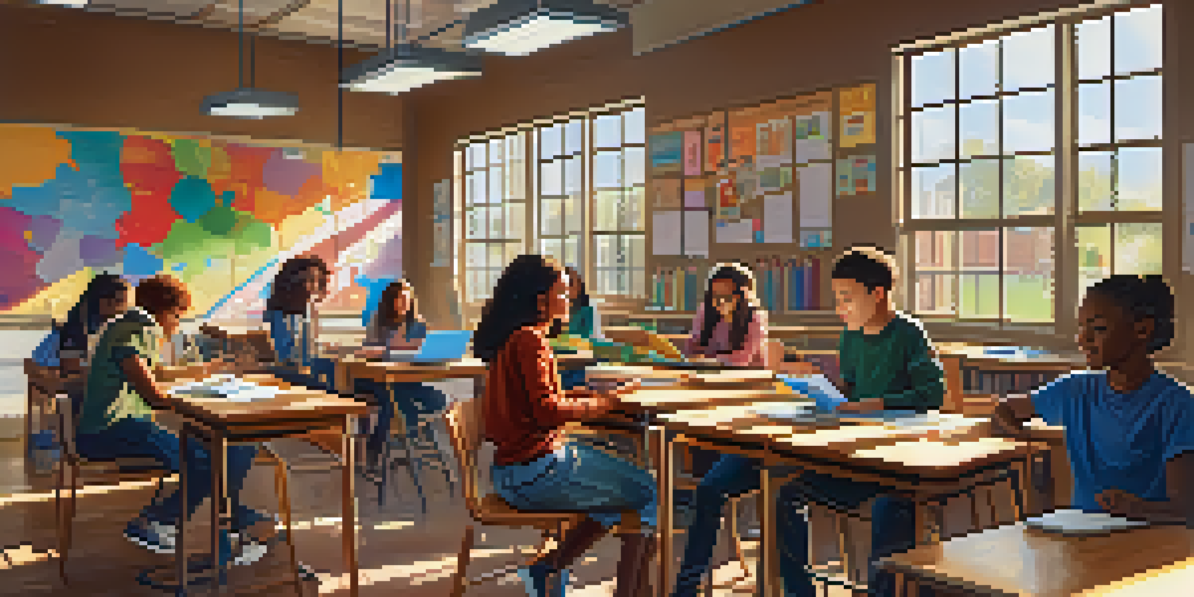 A colorful classroom filled with students of different backgrounds using technology for blended learning, with sunlight pouring in through windows.