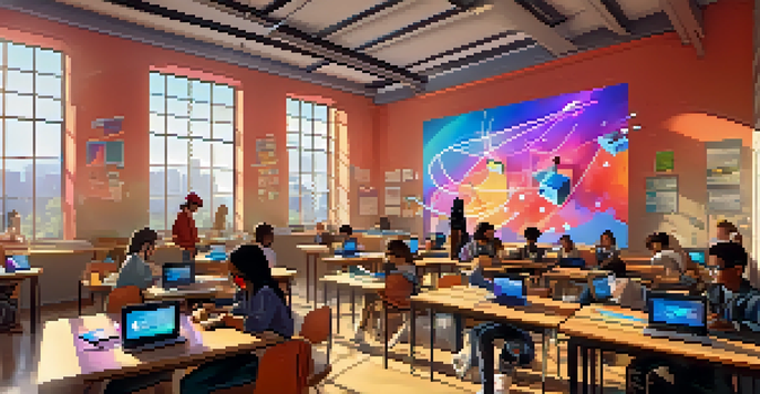 A classroom filled with engaged students wearing augmented reality glasses, interacting with digital coding elements in a bright and colorful environment.