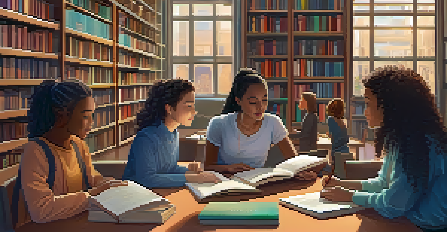 A teacher discussing AI-driven curriculum with students in a cozy library filled with books, surrounded by posters about data privacy and inclusivity.