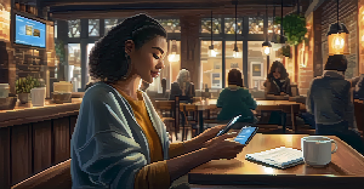 A person in a café taking a microlearning quiz on their mobile device, surrounded by a cozy atmosphere with warm lighting.