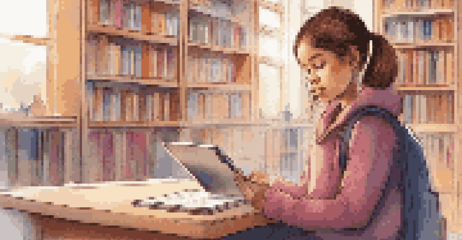 A focused student using a tablet for personalized learning in a cozy study area filled with books.