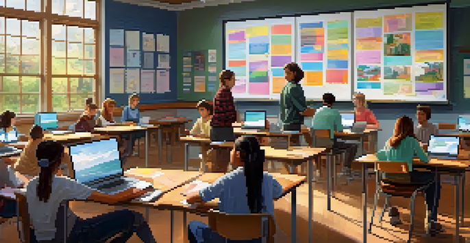 A classroom with students working together on laptops, a teacher guiding them, and sunlight coming through the windows.