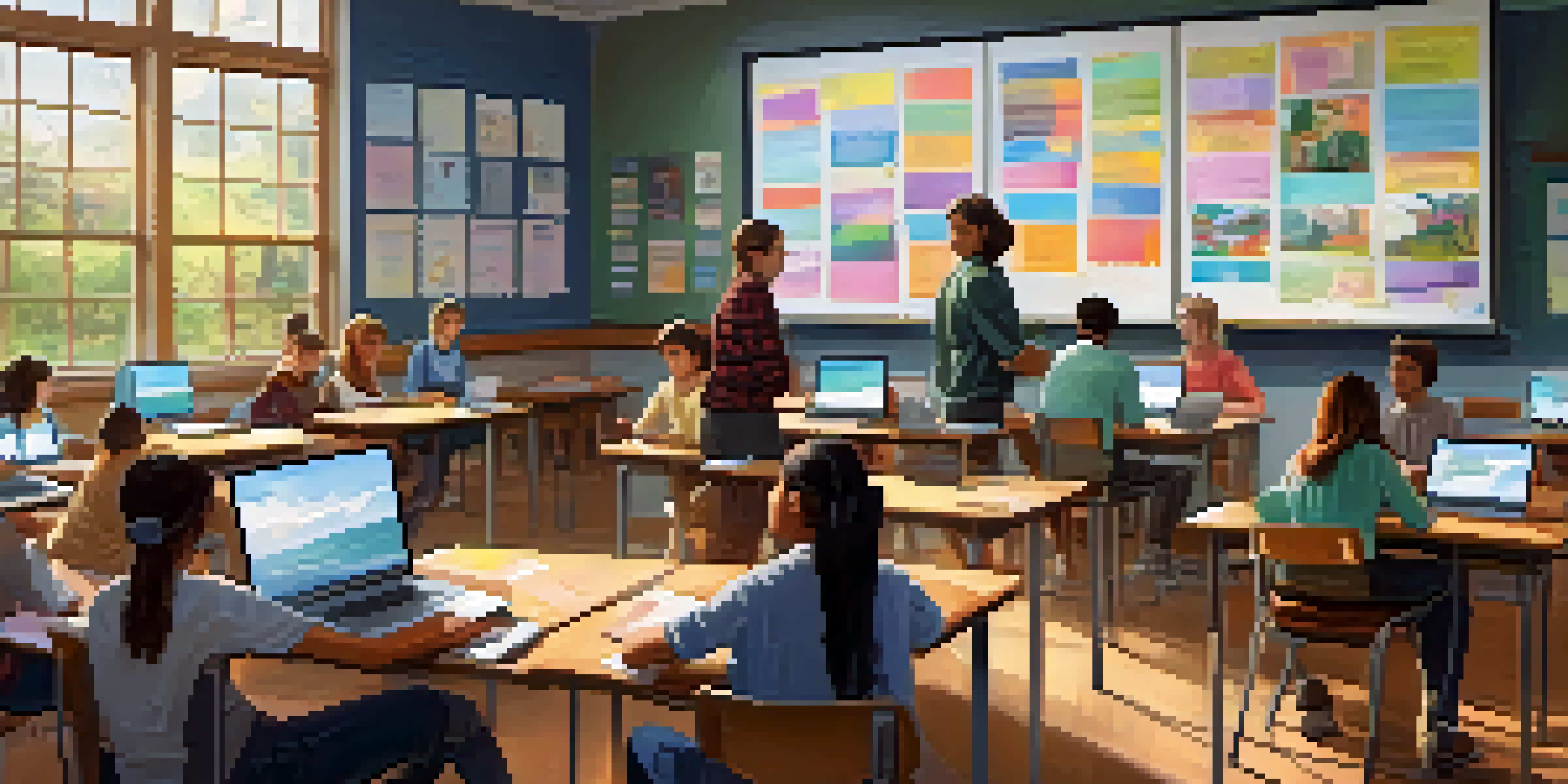 A classroom with students working together on laptops, a teacher guiding them, and sunlight coming through the windows.