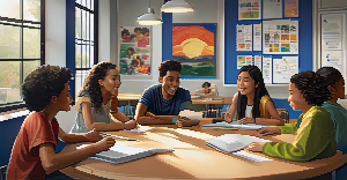 A diverse group of students in a bright classroom discussing ideas around a table, showcasing expressions of engagement and collaboration.