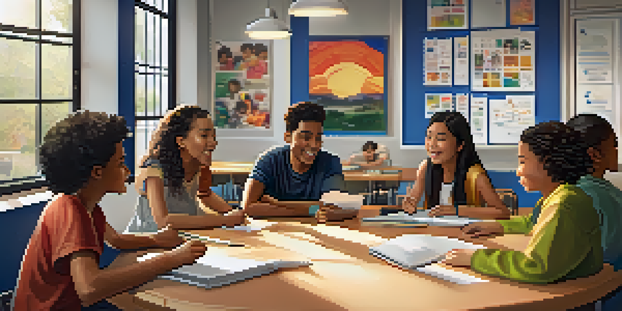 A diverse group of students in a bright classroom discussing ideas around a table, showcasing expressions of engagement and collaboration.