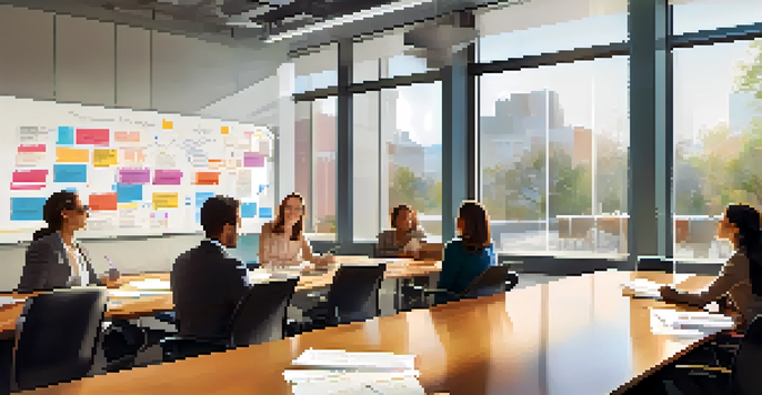 A diverse group of professionals collaborating in a bright office, discussing case studies with notes and diagrams on a whiteboard.