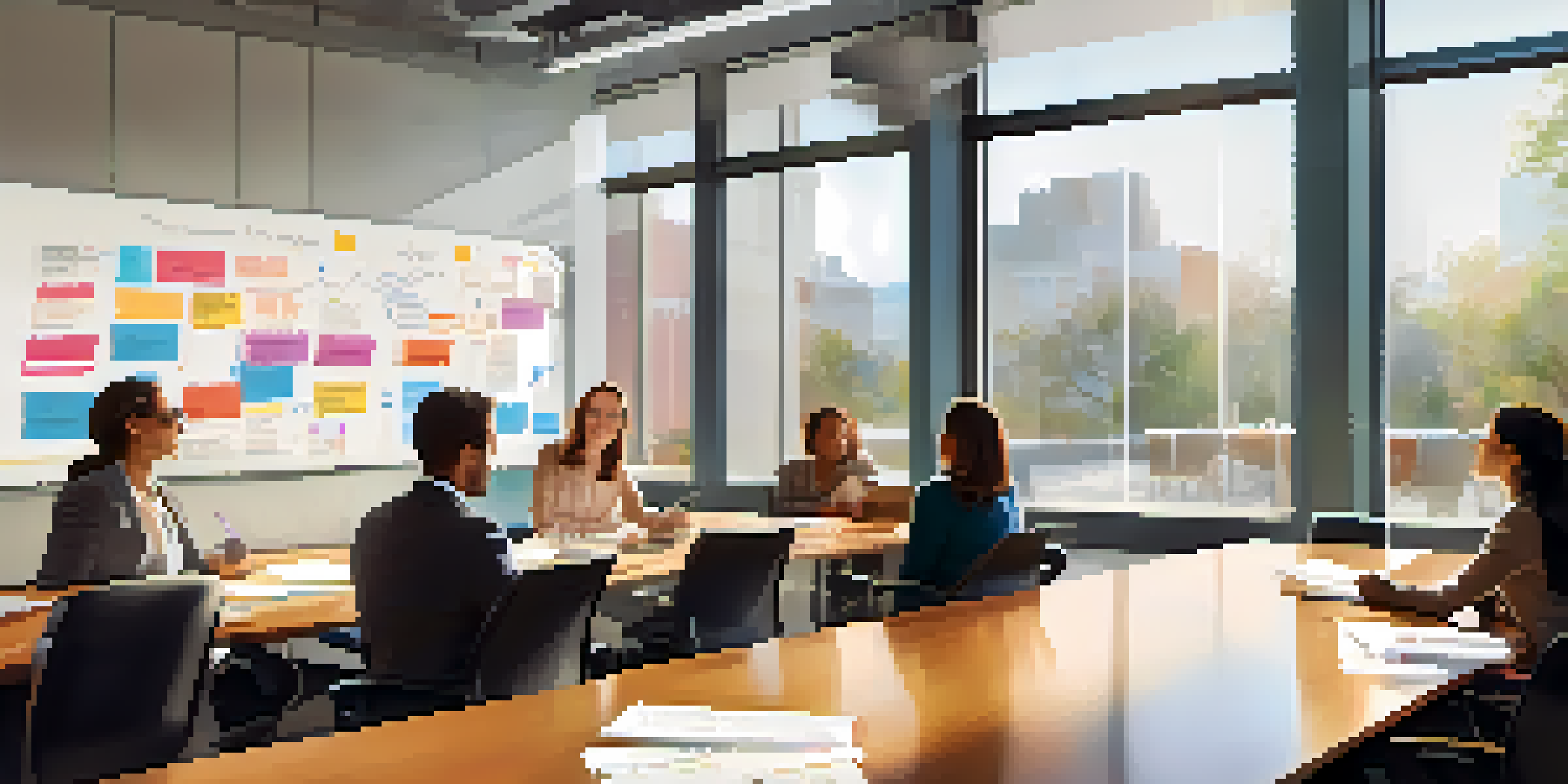 A diverse group of professionals collaborating in a bright office, discussing case studies with notes and diagrams on a whiteboard.
