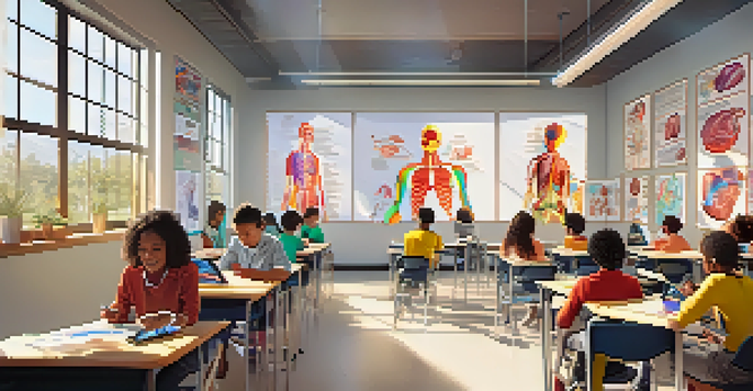 A modern classroom with diverse students using augmented reality tools for learning, exploring 3D human anatomy models.
