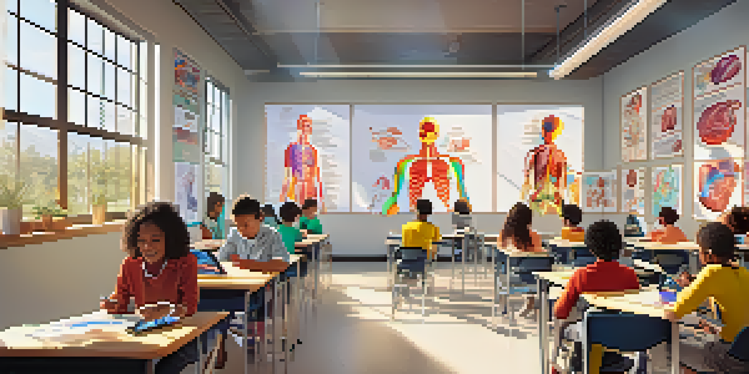 A modern classroom with diverse students using augmented reality tools for learning, exploring 3D human anatomy models.