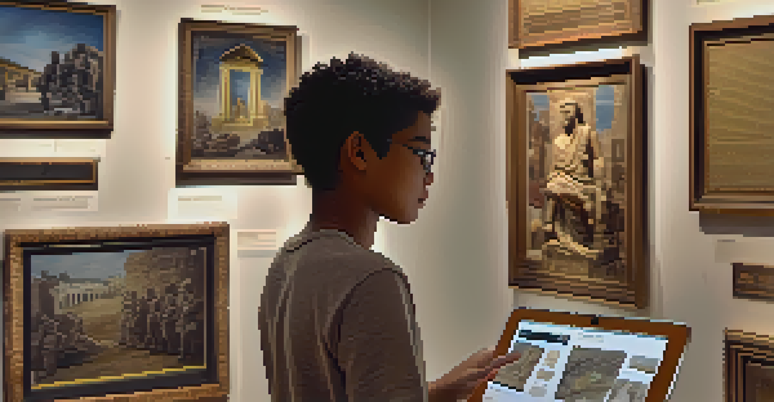 A student amazed by a virtual museum exhibit, viewing 3D artifacts and information on a tablet.
