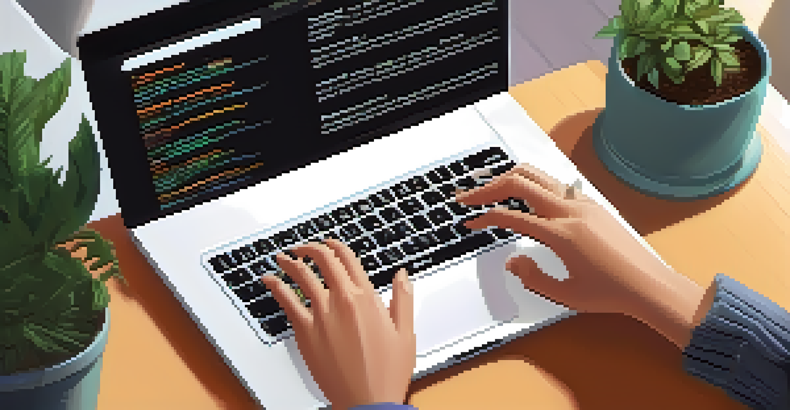 Close-up of hands typing on a laptop, with an online forum displayed on the screen, in a cozy home office setting.