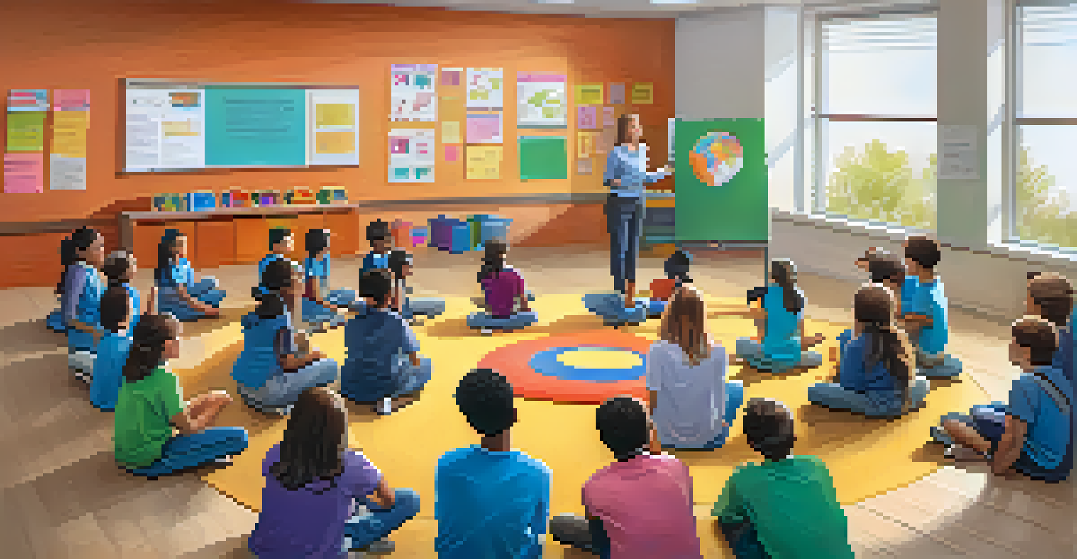 A vibrant classroom with students in a circle discussing, colorful educational posters on the wall, and a teacher facilitating the conversation, promoting interactive learning.