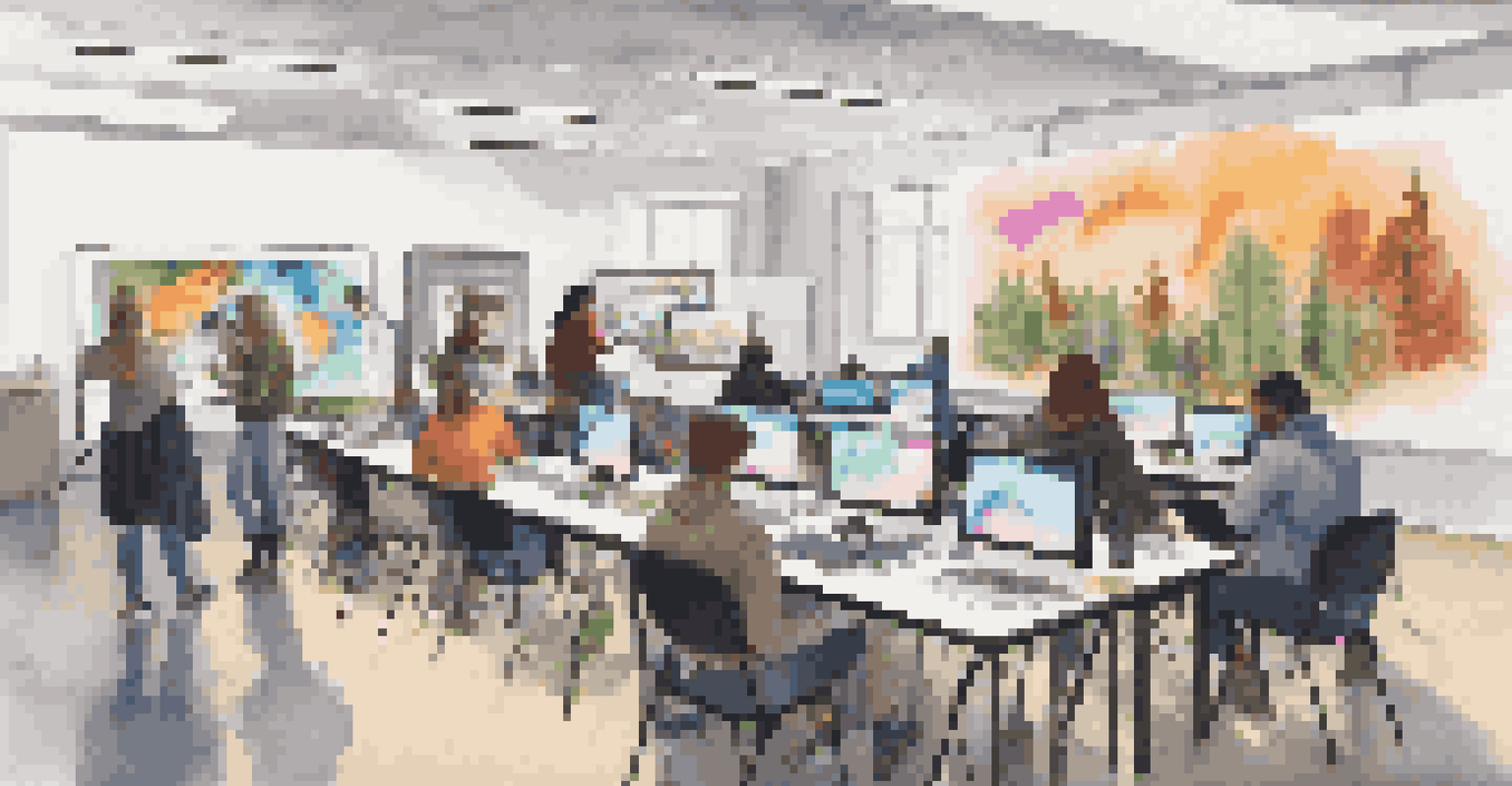 Students collaborating in a workshop creating interactive environmental art using digital tools.