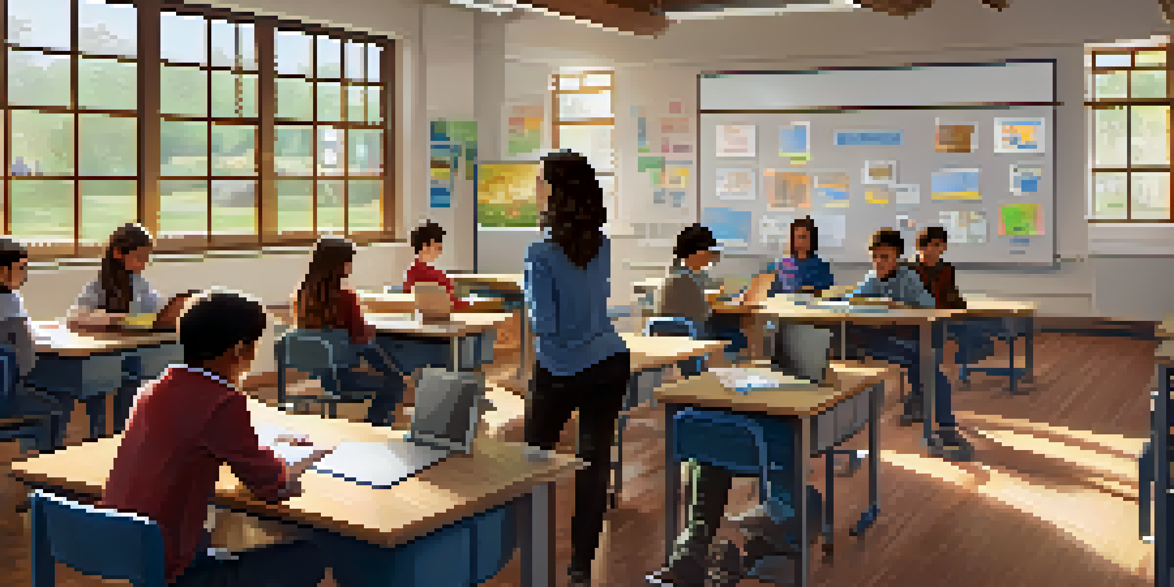 A classroom with a teacher and students using both technology and traditional methods for assessments, highlighting an interactive learning environment.