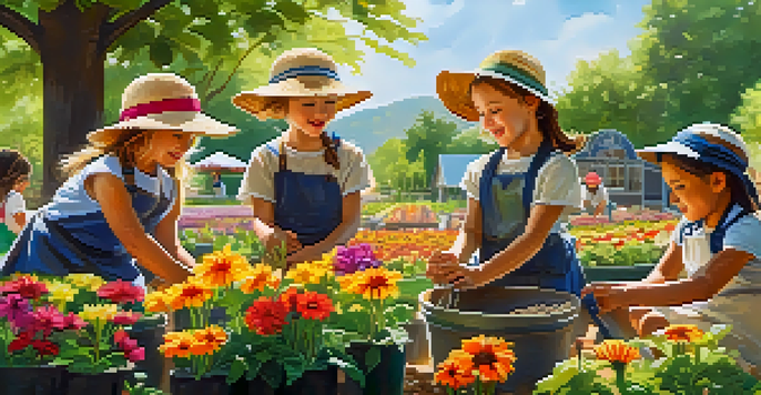 Children planting seeds in a colorful garden under the sunlight, surrounded by flowers and trees.