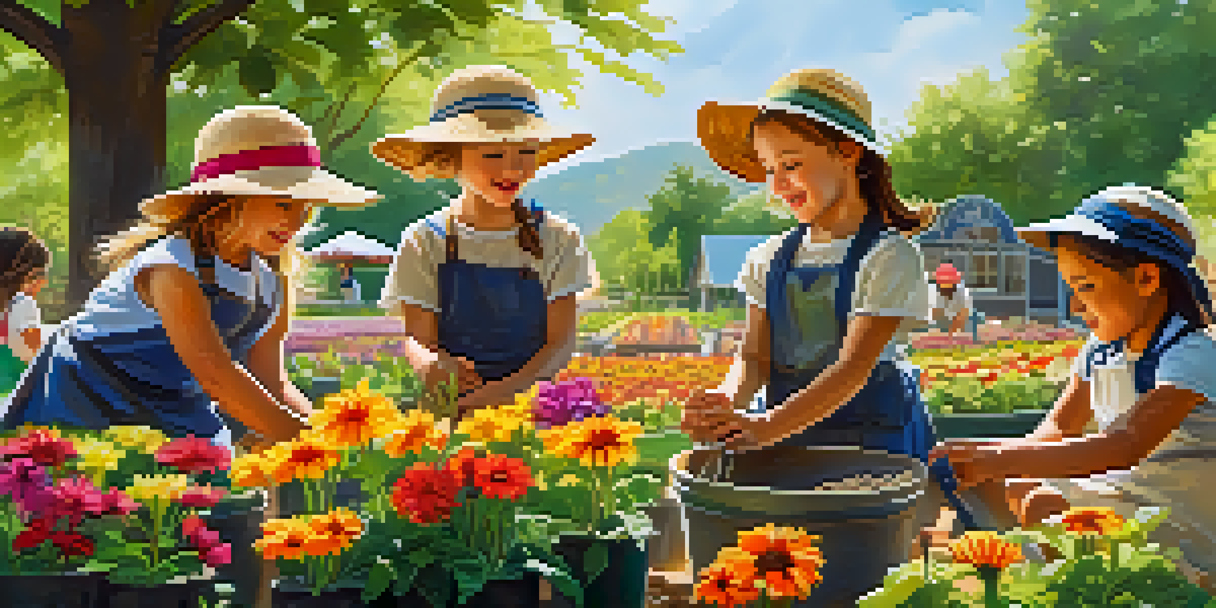 Children planting seeds in a colorful garden under the sunlight, surrounded by flowers and trees.