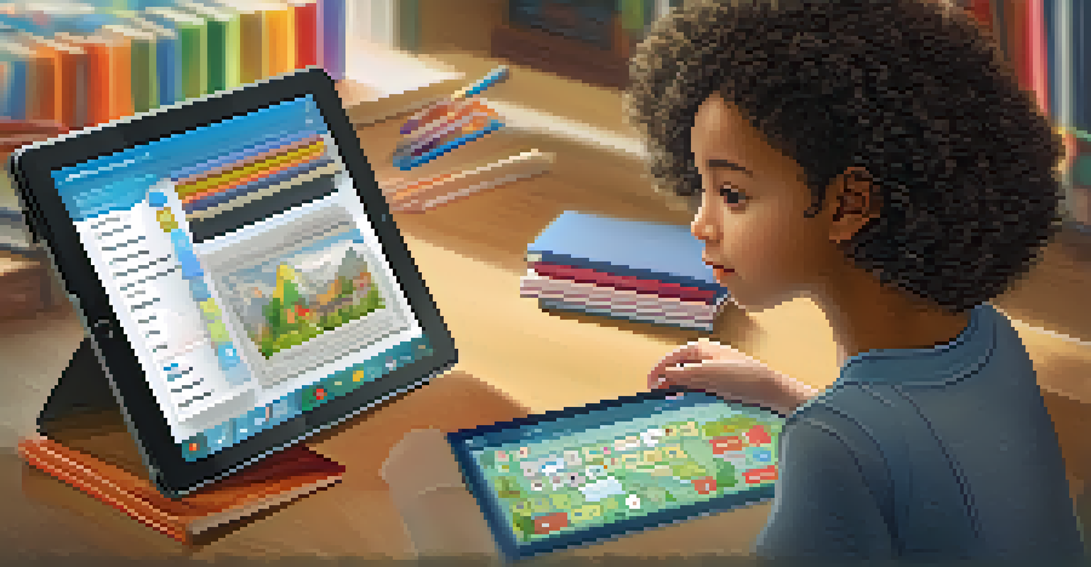 A young girl focused on a tablet that shows her personalized learning path with colorful graphics.