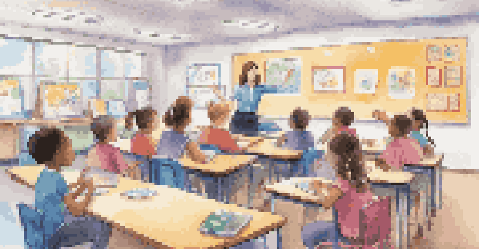 A teacher in a colorful classroom guiding young learners using tablets, with posters about digital citizenship on the walls.