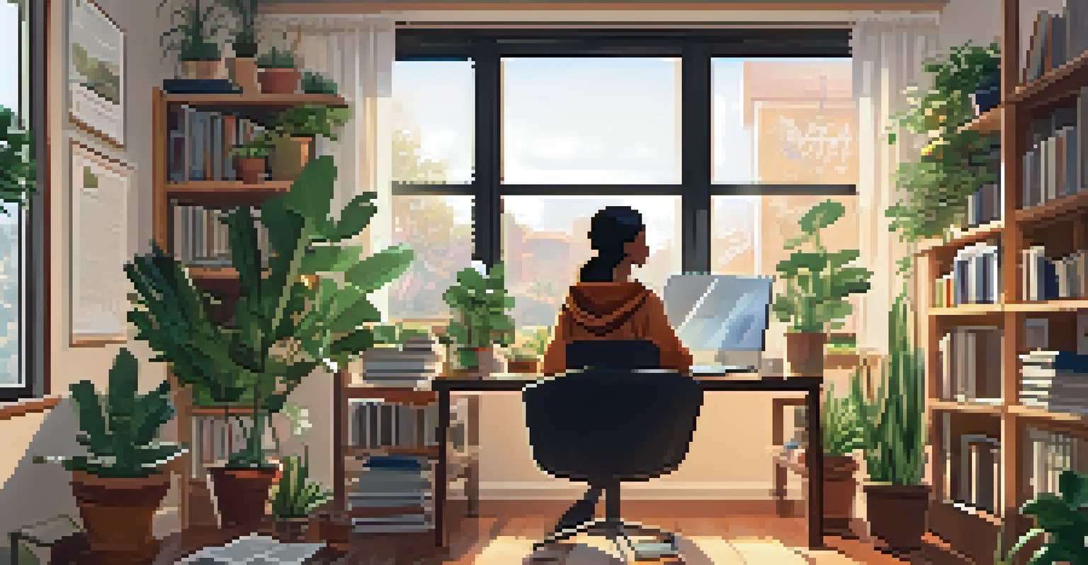 A person at a desk with a laptop and books, engaged in an online course in a cozy, well-lit room.