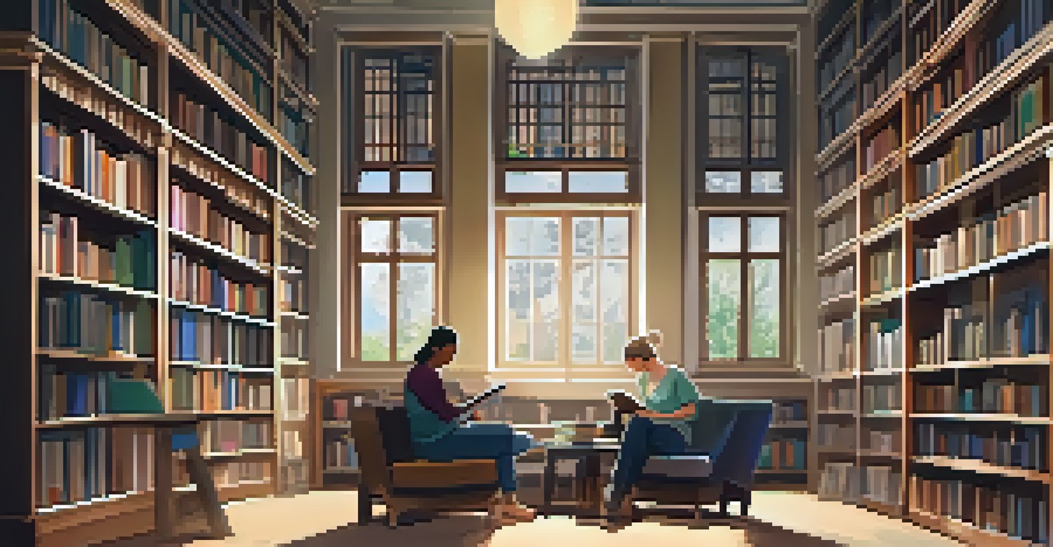 A cozy library reading nook with diverse books and students using technology for an inclusive learning experience.