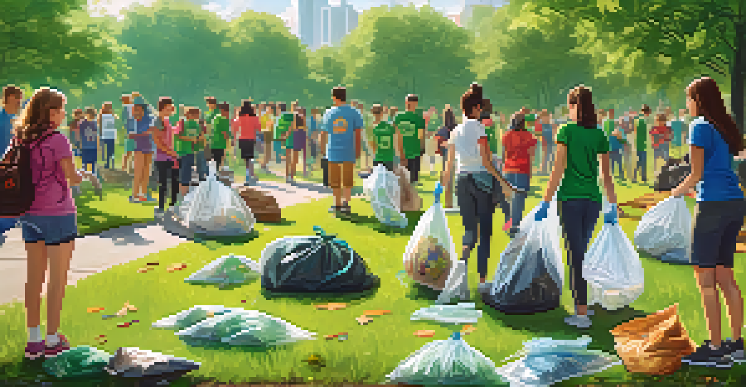 Students and volunteers in matching t-shirts participating in a community clean-up in a park, collecting litter with trees and blue skies in the background.