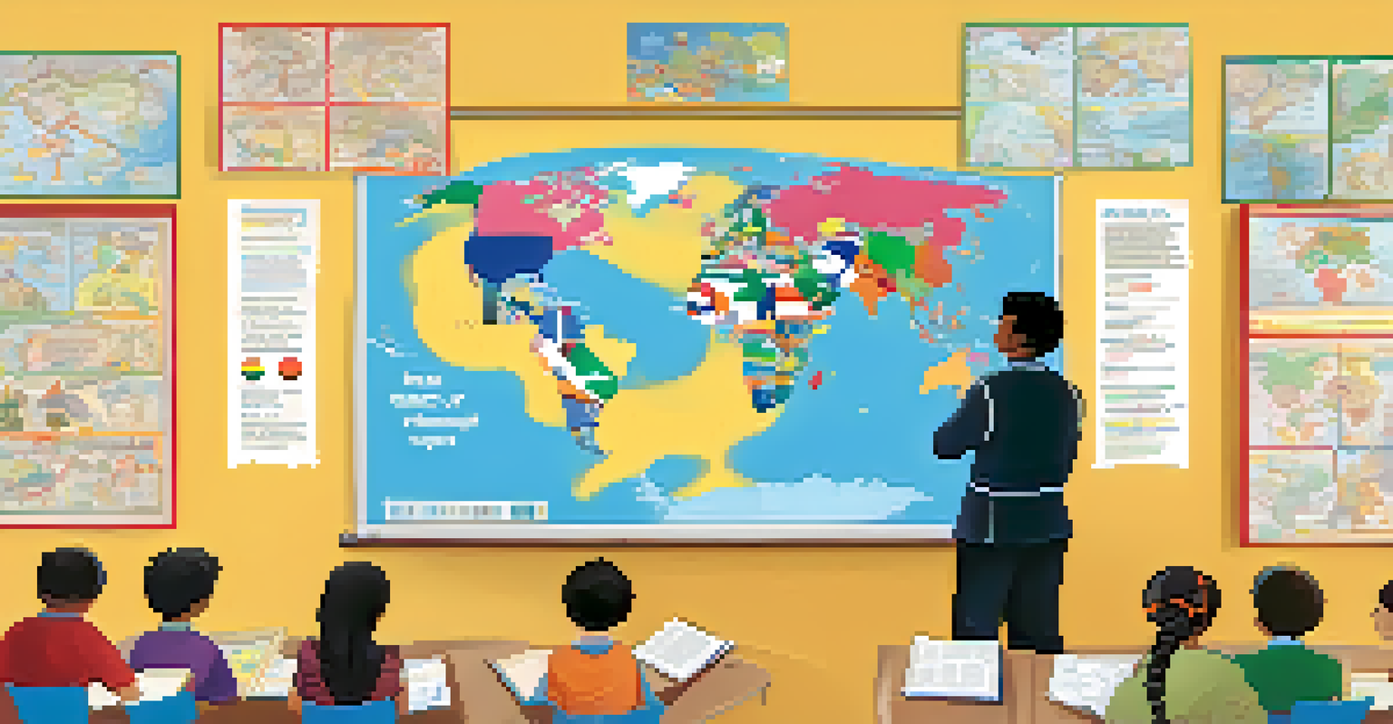 An educator explaining a lesson in a culturally rich classroom decorated with flags and student artwork.