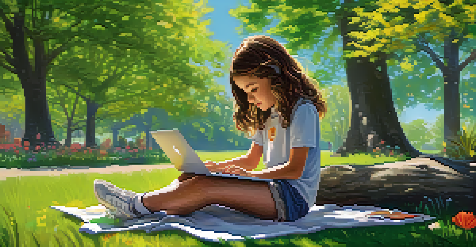A young girl coding on a laptop in a park, surrounded by nature and peers working on a science project.